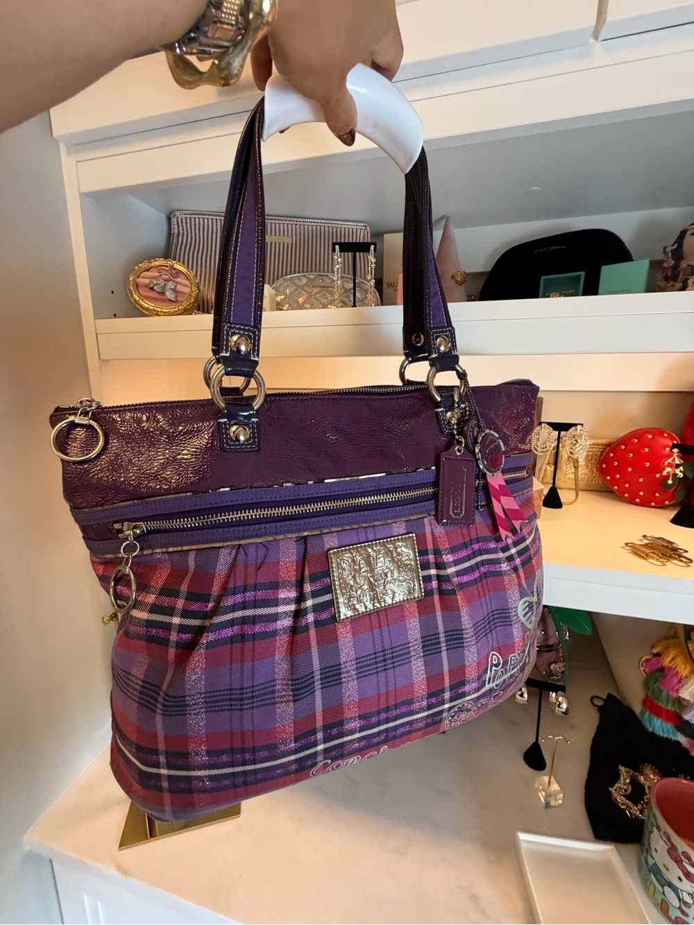 Coach Purple Plaid Crossbody Tote with Leather Trim